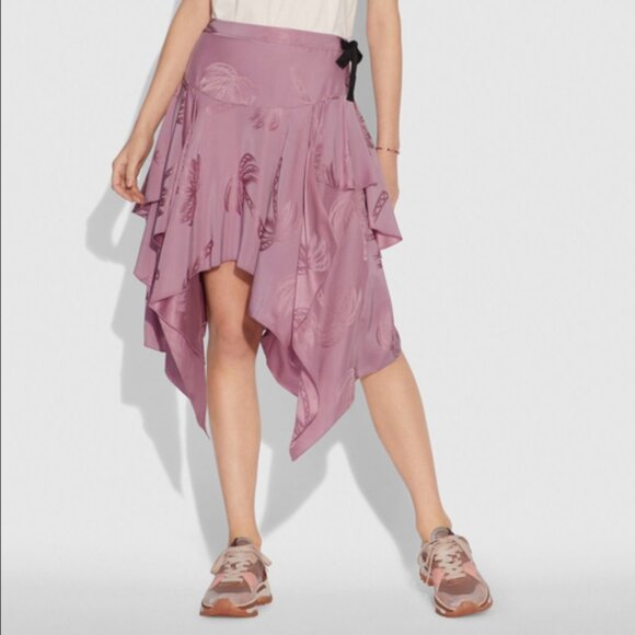 Coach Skirt Womens 10 Pink Silk Palm Tree Print Jacquard Tiered Handkerchief Hem - Picture 13 of 16